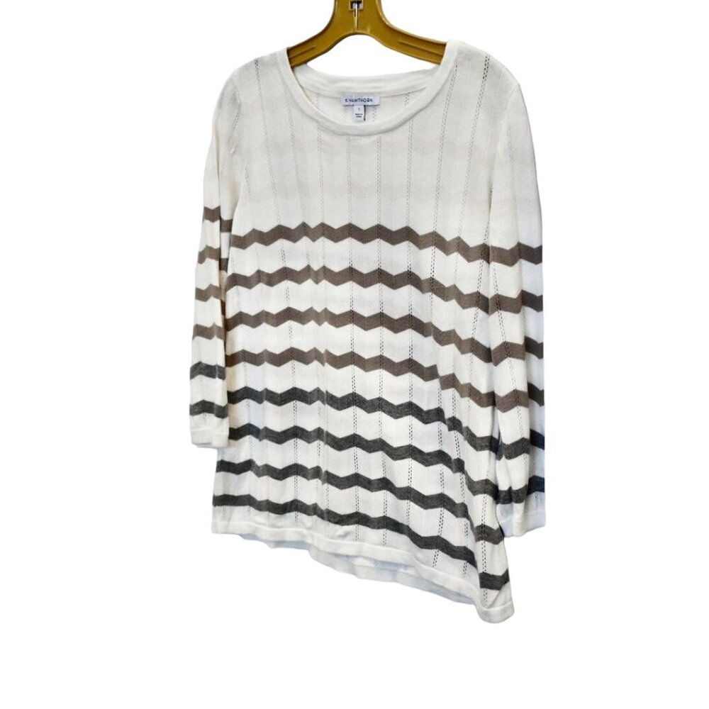 Women's Hawthorn Cream Gray Brown Zig Zag Lightweight Sweater 3/4 Sleeve Size L
